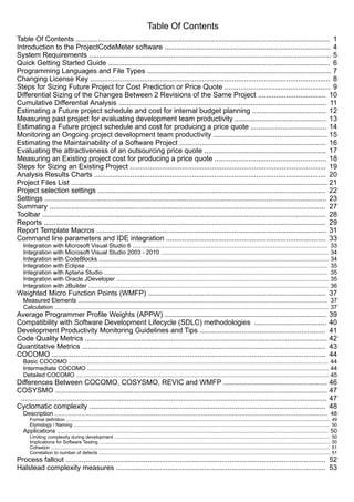 Table Of Contents
Table Of Contents ............................................................................................................................... 1
Introduction to the ProjectCodeMeter software ................................................................................... 4
System Requirements ......................................................................................................................... 5
Quick Getting Started Guide ............................................................................................................... 6
Programming Languages and File Types ............................................................................................ 7
Changing License Key ........................................................................................................................ 8
Steps for Sizing Future Project for Cost Prediction or Price Quote ..................................................... 9
Differential Sizing of the Changes Between 2 Revisions of the Same Project .................................. 10
Cumulative Differential Analysis ........................................................................................................ 11
Estimating a Future project schedule and cost for internal budget planning ..................................... 12
Measuring past project for evaluating development team productivity .............................................. 13
Estimating a Future project schedule and cost for producing a price quote ...................................... 14
Monitoring an Ongoing project development team productivity ......................................................... 15
Estimating the Maintainability of a Software Project ......................................................................... 16
Evaluating the attractiveness of an outsourcing price quote ............................................................. 17
Measuring an Existing project cost for producing a price quote ........................................................ 18
Steps for Sizing an Existing Project .................................................................................................. 19
Analysis Results Charts .................................................................................................................... 20
Project Files List ................................................................................................................................ 21
Project selection settings .................................................................................................................. 22
Settings ............................................................................................................................................. 23
Summary .......................................................................................................................................... 27
Toolbar .............................................................................................................................................. 28
Reports ............................................................................................................................................. 29
Report Template Macros ................................................................................................................... 31
Command line parameters and IDE integration ................................................................................ 33
   Integration with Microsoft Visual Studio 6 ....................................................................................................................... 33
   Integration with Microsoft Visual Studio 2003 - 2010 ...................................................................................................... 34
   Integration with CodeBlocks ............................................................................................................................................ 34
   Integration with Eclipse ................................................................................................................................................... 35
   Integration with Aptana Studio ........................................................................................................................................ 35
   Integration with Oracle JDeveloper ................................................................................................................................. 35
   Integration with JBuilder .................................................................................................................................................. 36
Weighted Micro Function Points (WMFP) ......................................................................................... 37
   Measured Elements ........................................................................................................................................................ 37
   Calculation ....................................................................................................................................................................... 37
Average Programmer Profile Weights (APPW) ................................................................................. 39
Compatibility with Software Development Lifecycle (SDLC) methodologies .................................... 40
Development Productivity Monitoring Guidelines and Tips ............................................................... 41
Code Quality Metrics ......................................................................................................................... 42
Quantitative Metrics .......................................................................................................................... 43
COCOMO ......................................................................................................................................... 44
   Basic COCOMO .............................................................................................................................................................. 44
   Intermediate COCOMO ................................................................................................................................................... 44
   Detailed COCOMO .......................................................................................................................................................... 45
Differences Between COCOMO, COSYSMO, REVIC and WMFP .................................................... 46
COSYSMO ........................................................................................................................................ 47
 ......................................................................................................................................................... 47
Cyclomatic complexity ...................................................................................................................... 48
   Description ...................................................................................................................................................................... 48
      Formal definition ........................................................................................................................................................................................................ 49
      Etymology / Naming .................................................................................................................................................................................................. 50
   Applications ..................................................................................................................................................................... 50
      Limiting complexity during development ................................................................................................................................................................... 50
      Implications for Software Testing ............................................................................................................................................................................... 50
      Cohesion ................................................................................................................................................................................................................... 51
      Correlation to number of defects ............................................................................................................................................................................... 51
Process fallout .................................................................................................................................. 52
Halstead complexity measures ......................................................................................................... 53
 