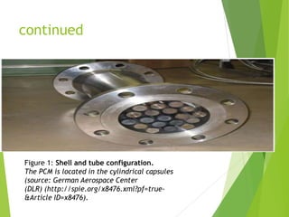 continued
Figure 1: Shell and tube configuration.
The PCM is located in the cylindrical capsules
(source: German Aerospace Center
(DLR) (http://spie.org/x8476.xml?pf=true-
&Article ID=x8476).
 