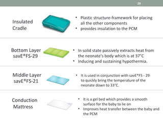 • Plastic structure-framework for placing
all the other components
• provides insulation to the PCM
Insulated
Cradle
savE®FS-29
• In solid state passively extracts heat from
the neonate’s body which is at 37°C
• Inducing and sustaining hypothermia.
savE®FS-21
Bottom Layer
Middle Layer • It is used in conjunction with savE®FS - 29
to quickly bring the temperature of the
neonate down to 33°C.
Conduction
Mattress
• It is a gel bed which provides a smooth
surface for the baby to lie on
• Improves heat transfer between the baby and
the PCM
29
 
