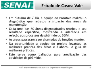 Prof. Brenno Ferreira de Souza – Engenheiro Metalúrgico
Estudo de Casos: Vale
28
 Em outubro de 2004, a equipe do ProAtivo realizou o
diagnóstico que retratou a situação das áreas de
manutenção.
 Cada uma das 80 áreas diagnosticadas recebeu o seu
resultado específico, mostrando a aderência em
relação aos processos da pirâmide do SGM.
 As áreas passaram a ser chamadas de funções manter.
 Na oportunidade a equipe do projeto levantou as
melhores práticas das áreas e elaborou o guia de
melhores práticas.
 Este serve como balizador para arealização das
atividades da pirâmide.
 