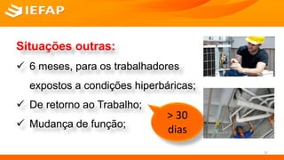 Situações outras:
 6 meses, para os trabalhadores
expostos a condições hiperbáricas;
 De retorno ao Trabalho;
 Mudança de função;
32
> 30
dias
 
