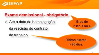 SERVIÇO SOCIAL
Exame demissional - obrigatório
 Até a data da homologação
da rescisão do contrato
de trabalho.
Último exame
> 90 dias.
Grau de
risco 3 ou 4
34
 