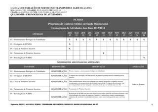 LAGOA MECANIZAÇÃO DE SERVIÇOS E TRANSPORTES AGRÍCOLA LTDA
RUA: ABRAO CURY, 98 BAIRRO: JD. PLANALTO CEP: 16.072-340
CIDADE: ARAÇATUBA - SP CNPJ: 12.958.707/0001-94 I.E: 177.151.608-117
Vigência: 04/2013 à 03/2014 PCMSO – PROGRAMA DE CONTROLE MÉDICO E SAÚDE OCUPACIONAL NR 07 9
QUADRO III – CRONOGRAMA DE ATIVIDADES
PCMSO
Programa de Controle Médico de Saúde Ocupacional
Cronograma de Atividades Ano Base 2013/2014
ATIVIDADE
ABR
13
MAI
13
JUN
13
JUL
13
AGO
13
SET
13
OUT
13
NOV
13
DEZ
13
JAN
14
FEV
14
MAR
14
01 – Monitoramento Biológico do Trabalhador X X X X X X X X X X X X
02 – Divulgação do PCMSO X
03 – Caixa de Primeiros Socorros X
04 – Treinamento de Primeiros Socorros X
05 – Reavaliação do PCMSO X
INFORMAÇÕES ADICIONAIS DAS ATIVIDADES
ATIVIDADE RESPONSÁVEL OBSERVAÇÃO APLICAÇÃO
01 – Monitoramento Biológico do Trabalhador ADMINISTRAÇÃO Possuir e manter o monitoramento biológico do trabalhador
Todos os Setores
02 – Divulgação do PCMSO ADMINISTRAÇÃO A empresa deve divulgar o PCMSO através de palestras e outros meios de comunicação da
empresa.
03 – Caixa de Primeiros Socorros ADMINISTRAÇÃO Todo estabelecimento deverá está equipado com material necessário a primeiros socorros,
considerando-se as características da atividade desenvolvida. A empresa deverá manter esse
material guardado em local adequado e aos cuidados de pessoal treinado para esse fim.
04 – Treinamento de Primeiros Socorros ADMINISTRAÇÃO Treinamento de Primeiros Socorros
05 – Reavaliação do PCMSO
ADMINISTRAÇÃO
Reavaliação do PCMSO que tem como objetivo uma análise global do seu desenvolvimento, com
a discriminação dos setores da empresa, o número e a natureza dos exames complementares,
estatísticas de resultados considerados anormais, assim como o planejamento para o próximo
ano.
 
