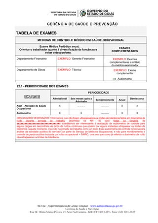 GERÊNCIA DE SAÚDE E PREVENÇÃO
TABELA DE EXAMES
MEDIDAS DE CONTROLE MÉDICO EM SAÚDE OCUPACIONAL
Exame Médico Periódico anual;
Orientar o trabalhador quanto à diversificação da função para
evitar o desconforto.
EXAMES
COMPLEMENTARES
Departamento Financeiro EXEMPLO: Gerente Financeiro EXEMPLO: Exames
complementares a critério
do médico examinador
Departamento de Obras EXEMPLO: Técnico EXEMPLO: Exame
complementar
⇒ Audiometria
22.1 - PERIODICIDADE DOS EXAMES
PERIODICIDADE
Admissional Seis meses após a
Admissão
Semestralmente Anual
Demissional
ASO – Atestado de Saúde
Ocupacional
X _ _ _ _ _ _ _ _ X X
Audiometria X X _ _ _ _ X X
OBS QUANDO NECESSÁRIO: Informamos que não foram ultrapassados os limites de tolerância feitos em dosimetria de
ruído durante jornada de trabalho (expressa na NR 15) para todas as funções, da
xxxxxxxxxxxxxxxxxxxxxxxxxxxxxxxxx acreditamos ser interessante à realização de audiometria de controle para
alguns cargos em decorrência de picos de ruídos contínuos que podem por alguns instantes ultrapassar os limites de
tolerância naquele momento, mas não na jornada de trabalho como um todo. Essa audiometria de controle funciona para
análise da sanidade auditiva do servidor por parte do Serviço de Medicina Ocupacional, e não para monitoramento e
controle de perda auditiva induzida por ruído ocupacional – PAIRO, uma vez que como já referido a dosimetria de ruído
não ultrapassou os limites de tolerância.
SEFAZ – Superintendência de Gestão Estadual – www.administracao.go.gov.br
Gerência de Saúde e Prevenção
Rua Dr. Olinto Manso Pereira, 45, Setor Sul Goiânia - GO CEP 74083-105 - Fone: (62) 3201-6827
 