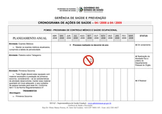 GERÊNCIA DE SAÚDE E PREVENÇÃO
PCMSO – PROGRAMA DE CONTROLE MÉDICO E SAÚDE OCUPACIONAL
CRONOGRAMA DE AÇÕES DE SAÚDE – 04 / 2008 à 04 / 2009
PCMSO - PROGRAMA DE CONTROLE MÉDICO E SAÚDE OCUPACIONAL
ABR.
2008
MAI.
2008
JUN.
2008
JUL.
2008
AGO.
2008
SET.
2008
OUT.
2008
NOV.
2008
DEZ.
2008
JAN.
2009
FEV.
2009
MAR.
2009
STATUS
Atividade: Exames Médicos
⇒ Manter os exames médicos atualizados,
cumprindo a tabela de periodicidade.
 Processo realizado no decorrer do ano  Em andamento
Atividade: Palestra sobre Tabagismo
 Realização da
Atividade fica a
critério do
Departamento
Pessoal do Órgão.
Atividade: Primeiros Socorros
⇒ Todo Órgão deverá estar equipado com
material necessário à prestação de primeiros
socorros, considerando – se as características
da atividade desenvolvida; manter esse material
guardado em local adequado, e aos cuidados
de pessoa treinada para esse fim. Conforme
item 7.5 da Norma Regulamentadora 07.
TREINAMENTOS
Abordagem:
⇒ Primeiros Socorros
 A Realizar
SEFAZ – Superintendência de Gestão Estadual – www.administracao.go.gov.br
Gerência de Saúde e Prevenção
Rua Dr. Olinto Manso Pereira, 45, Setor Sul Goiânia - GO CEP 74083-105 - Fone: (62) 3201-6827
 