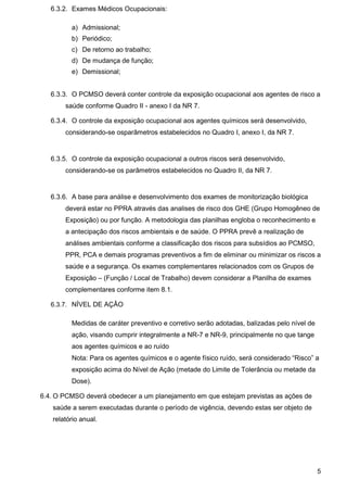 5
6.3.2. Exames Médicos Ocupacionais:
a) Admissional;
b) Periódico;
c) De retorno ao trabalho;
d) De mudança de função;
e) Demissional;
6.3.3. O PCMSO deverá conter controle da exposição ocupacional aos agentes de risco a
saúde conforme Quadro II - anexo I da NR 7.
6.3.4. O controle da exposição ocupacional aos agentes químicos será desenvolvido,
considerando-se osparâmetros estabelecidos no Quadro I, anexo I, da NR 7.
6.3.5. O controle da exposição ocupacional a outros riscos será desenvolvido,
considerando-se os parâmetros estabelecidos no Quadro II, da NR 7.
6.3.6. A base para análise e desenvolvimento dos exames de monitorização biológica
deverá estar no PPRA através das analises de risco dos GHE (Grupo Homogêneo de
Exposição) ou por função. A metodologia das planilhas engloba o reconhecimento e
a antecipação dos riscos ambientais e de saúde. O PPRA prevê a realização de
análises ambientais conforme a classificação dos riscos para subsídios ao PCMSO,
PPR, PCA e demais programas preventivos a fim de eliminar ou minimizar os riscos a
saúde e a segurança. Os exames complementares relacionados com os Grupos de
Exposição – (Função / Local de Trabalho) devem considerar a Planilha de exames
complementares conforme item 8.1.
6.3.7. NÍVEL DE AÇÂO
Medidas de caráter preventivo e corretivo serão adotadas, balizadas pelo nível de
ação, visando cumprir integralmente a NR-7 e NR-9, principalmente no que tange
aos agentes químicos e ao ruído
Nota: Para os agentes químicos e o agente físico ruído, será considerado “Risco” a
exposição acima do Nível de Ação (metade do Limite de Tolerância ou metade da
Dose).
6.4. O PCMSO deverá obedecer a um planejamento em que estejam previstas as ações de
saúde a serem executadas durante o período de vigência, devendo estas ser objeto de
relatório anual.
 