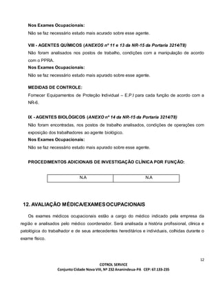 12
COTROL SERVICE
Conjunto Cidade Nova VIII, Nº 232 Ananindeua-PA CEP: 67.133-235
Nos Exames Ocupacionais:
Não se faz necessário estudo mais acurado sobre esse agente.
VIII - AGENTES QUÍMICOS (ANEXOS nº 11 e 13 da NR-15 da Portaria 3214/78)
Não foram analisados nos postos de trabalho, condições com a manipulação de acordo
com o PPRA.
Nos Exames Ocupacionais:
Não se faz necessário estudo mais apurado sobre esse agente.
MEDIDAS DE CONTROLE:
Fornecer Equipamentos de Proteção Individual – E.P.I para cada função de acordo com a
NR-6.
IX - AGENTES BIOLÓGICOS (ANEXO nº 14 da NR-15 da Portaria 3214/78)
Não foram encontradas, nos postos de trabalho analisados, condições de operações com
exposição dos trabalhadores ao agente biológico.
Nos Exames Ocupacionais:
Não se faz necessário estudo mais apurado sobre esse agente.
PROCEDIMENTOS ADICIONAIS DE INVESTIGAÇÃO CLÍNICA POR FUNÇÃO:
N.A N.A
12. AVALIAÇÃO MÉDICA/EXAMESOCUPACIONAIS
Os exames médicos ocupacionais estão a cargo do médico indicado pela empresa da
região e analisados pelo médico coordenador. Será analisada a história profissional, clínica e
patológica do trabalhador e de seus antecedentes hereditários e individuais, colhidas durante o
exame físico.
 