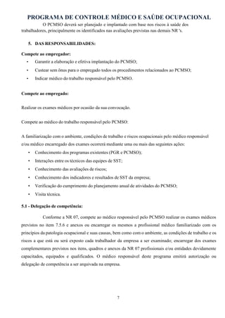 PROGRAMA DE CONTROLE MÉDICO E SAÚDE OCUPACIONAL
7
O PCMSO deverá ser planejado e implantado com base nos riscos à saúde dos
trabalhadores, principalmente os identificados nas avaliações previstas nas demais NR 's.
5. DAS RESPONSABILIDADES:
Compete ao empregador:
• Garantir a elaboração e efetiva implantação do PCMSO;
• Custear sem ônus para o empregado todos os procedimentos relacionados ao PCMSO;
• Indicar médico do trabalho responsável pelo PCMSO.
Compete ao empregado:
Realizar os exames médicos por ocasião da sua convocação.
Compete ao médico do trabalho responsável pelo PCMSO:
A familiarização com o ambiente, condições de trabalho e riscos ocupacionais pelo médico responsável
e/ou médico encarregado dos exames ocorrerá mediante uma ou mais das seguintes ações:
• Conhecimento dos programas existentes (PGR e PCMSO);
• Interações entre os técnicos das equipes de SST;
• Conhecimento das avaliações de riscos;
• Conhecimento dos indicadores e resultados de SST da empresa;
• Verificação do cumprimento do planejamento anual de atividades do PCMSO;
• Visita técnica.
5.1 - Delegação de competência:
Conforme a NR 07, compete ao médico responsável pelo PCMSO realizar os exames médicos
previstos no item 7.5.6 e anexos ou encarregar os mesmos a profissional médico familiarizado com os
princípios da patologia ocupacional e suas causas, bem como com o ambiente, as condições de trabalho e os
riscos a que está ou será exposto cada trabalhador da empresa a ser examinado; encarregar dos exames
complementares previstos nos itens, quadros e anexos da NR 07 profissionais e/ou entidades devidamente
capacitados, equipados e qualificados. O médico responsável deste programa emitirá autorização ou
delegação de competência a ser arquivada na empresa.
 
