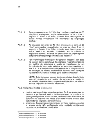 14
7.3.1.1.1 As empresas com mais de 25 (vinte e cinco) empregados e até 50
(cinqüenta) empregados, enquadradas no grau de risco 1 ou 2,
segundo o Quadro 1 da NR-4, poderão estar desobrigados de
indicar médico coordenador em decorrência de negociação
coletiva.5
7.3.1.1.2 As empresas com mais de 10 (dez) empregados e com até 20
(vinte) empregados, enquadradas no grau de risco 3 ou 4,
segundo o Quadro 1 da NR-4, poderão estar desobrigadas de
indicar médico do trabalho coordenador em decorrência de
negociação coletiva, assistida por profissionais do órgão regional
competente em segurança e medicina do trabalho.6
7.3.1.1.3 Por determinação do Delegado Regional do Trabalho, com base
no parecer técnico conclusivo de autoridade regional competente
em matéria de segurança e saúde do trabalhador, ou em
decorrência de negociação coletiva, as empresas previstas no
item 7.3.1.1 e subitens anteriores poderão ter a obrigatoriedade
de indicação de médico coordenador, quando suas condições
representarem potencial de risco grave aos trabalhadores.7
NOTA: Entende-se por parecer técnico conclusivo da autoridade
regional competente em matéria de segurança e saúde do
trabalhador, aquele emitido por agente de inspeção do trabalho da
área de segurança e saúde do trabalhador.
7.3.2 Compete ao médico coordenador:
a. realizar exames médicos previstos no item 7.4.1, ou encarregar os
mesmos a profissional médico familiarizado com os princípios da
patologia ocupacional e suas causas, bem como com o ambiente, as
condições de trabalho e os riscos a que está ou será exposto cada
trabalhador da empresa a ser examinado;
b. encarregar dos exames complementares previstos nos itens, quadros
e anexos desta NR, profissionais e/ou entidade devidamente
capacitados, equipados e qualificados.
5
Redação dada pela Portaria n.º 8, de 08/05/1996.
6
Redação dada pela Portaria n.º 8, de 08/05/1996.
7
Redação dada pela Portaria n.º 8, de 08/05/1996.
 