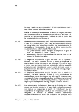 14
implique na exposição do trabalhador à risco diferente daquele a
que estava exposto antes da mudança.
NOTA: Com relação ao exame de mudança de função, este deve
ser realizado somente se ocorrer alteração de risco. Pode ocorrer
troca de função na empresa sem mudança de risco e, assim, não
há necessidade do referido exame.
7.4.3.5 O exame médico demissional, será obrigatoriamente realizado até
a data da homologação ou até a data do desligamento definitivo
do trabalhador, nas situações excluídas da obrigatoriedade de
realização da homologação, desde que o último exame médico
ocupacional tenha sido realizado há mais de:
● 135 (cento e trinta e cinco) dias para as empresas de grau de
risco 1 e 2, segundo o Quadro I a NR-4;
● 90 (noventa) dias para as empresas de grau de risco 3 e 4,
segundo o Quadro I da NR-4.
7.4.3.5.1 As empresas enquadradas no grau de risco 1 ou 2, segundo o
Quadro I da NR-4, poderão ampliar o prazo de dispensa da
realização do exame demissional em até mais 135 (cento e trinta
e cinco) dias, em decorrência de negociação coletiva, assistida
por profissionais indicados de comum acordo entre as partes ou
por profissionais do órgão regional competente em segurança e
saúde no trabalho.8
7.4.3.5.2 As empresas enquadradas no grau de risco 3 ou 4, segundo o
Quadro I da NR-4, poderão ampliar o prazo de dispensa da
realização do exame demissional em até mais 90 (noventa) dias,
em decorrência de negociação coletiva, assistida por profissional
indicado de comum acordo entre as partes ou por profissionais do
órgão regional competente em segurança e saúde no trabalho.
7.4.3.5.3 Por determinação do Delegado Regional do Trabalho, com base
em parecer técnico conclusivo de autoridade regional competente
em matéria de segurança e saúde do trabalhador, ou em
decorrência de negociação coletiva, as empresas poderão ser
obrigadas a realizar o exame médico demissional
independentemente da época de realização de qualquer outro
8
Redação dada pela Portaria n.º 8, de 08/05/1996.
 
