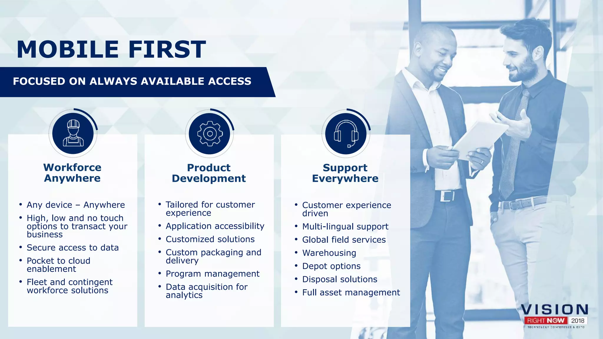 MOBILE FIRST
FOCUSED ON ALWAYS AVAILABLE ACCESS
Workforce
Anywhere
• Any device – Anywhere
• High, low and no touch
options to transact your
business
• Secure access to data
• Pocket to cloud
enablement
• Fleet and contingent
workforce solutions
Product
Development
• Tailored for customer
experience
• Application accessibility
• Customized solutions
• Custom packaging and
delivery
• Program management
• Data acquisition for
analytics
Support
Everywhere
• Customer experience
driven
• Multi-lingual support
• Global field services
• Warehousing
• Depot options
• Disposal solutions
• Full asset management
 
