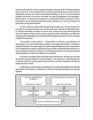 supõe conhecimento de mundo e experiência político-social que podem não estar presentes
para um aluno de 11 anos. Dessa forma, sua leitura pode diferenciar-se tanto da que for
realizada por um aluno de 14 anos quanto da que for feita por um de 17. O mesmo raciocínio
se aplica a um poema, uma crônica, uma notícia, uma carta de solicitação ou uma reportagem.
Nesse sentido, a intervenção do professor e, conseqüentemente os aspectos a serem
tematizados, tanto poderão ser diferentes quanto poderão ser os mesmos, tratados com
graus diversos de aprofundamento.
       No que concerne à prática de produção de texto, aplica-se o mesmo raciocínio: a
produção de um artigo de opinião, por exemplo, pode estar colocada em diferentes ciclos,
ou, ainda em diferentes momentos do mesmo ciclo, pressupondo níveis diferenciados de
domínio do gênero. Pode-se tanto priorizar aspectos a serem abordados nas diferentes
ocasiões quanto estabelecer graus de aprofundamentos diferentes para os mesmos aspectos
nas diferentes situações.

      A articulação desses fatores – necessidades dos alunos, possibilidades de
aprendizagem, grau de complexidade do objeto e das exigências da tarefa – possibilita o
estabelecimento de uma seqüenciação não a partir da apresentação linear de conhecimentos,
mas do tratamento em espiral, seqüenciação que considere a reapresentação de tópicos, na
qual a progressão também se coloque no nível de aprofundamento com que tais aspectos
serão abordados e no tratamento didático que receberão.
      À escola e ao professor cabe a tarefa de articular tais fatores, não apenas no sentido
de planejar situações didáticas de aprendizagem, mas organizar a seqüenciação dos
conteúdos que for, de um lado, possível a seus alunos e, de outro, necessária, em função do
projeto educativo escolar.
      A organização e seqüenciação dos conteúdos no ensino fundamental deve ser decidida
pela escola e pelo professor, considerando o contexto de atuação educativa e os seguintes
aspectos:


             GRAU DE COMPLEXIDADE                    PROJETO EDUCATIVO DA ESCOLA
                  DO OBJETO

                       ô                                           ò
             EXIGÊNCIAS DA TAREFA                         OBJETIVOS DO ENSINO


                       ñ                                           ô
                 POSSIBILIDADES                              NECESSIDADES
                       DE
                 APRENDIZAGEM
                                            ó                     DE
                                                             APRENDIZAGEM




                               GRAU DE AUTONOMIA DO SUJEITO




                                            39
 