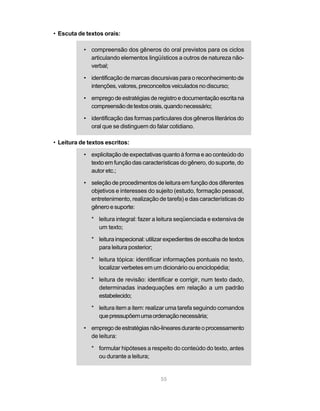 • Escuta de textos orais:

           • compreensão dos gêneros do oral previstos para os ciclos
             articulando elementos lingüísticos a outros de natureza não-
             verbal;

           • identificação de marcas discursivas para o reconhecimento de
             intenções, valores, preconceitos veiculados no discurso;

           • emprego de estratégias de registro e documentação escrita na
             compreensão de textos orais, quando necessário;

           • identificação das formas particulares dos gêneros literários do
             oral que se distinguem do falar cotidiano.

• Leitura de textos escritos:

           • explicitação de expectativas quanto à forma e ao conteúdo do
             texto em função das características do gênero, do suporte, do
             autor etc.;

           • seleção de procedimentos de leitura em função dos diferentes
             objetivos e interesses do sujeito (estudo, formação pessoal,
             entretenimento, realização de tarefa) e das características do
             gênero e suporte:

              * leitura integral: fazer a leitura seqüenciada e extensiva de
                um texto;

              * leitura inspecional: utilizar expedientes de escolha de textos
                para leitura posterior;

              * leitura tópica: identificar informações pontuais no texto,
                localizar verbetes em um dicionário ou enciclopédia;

              * leitura de revisão: identificar e corrigir, num texto dado,
                determinadas inadequações em relação a um padrão
                estabelecido;

              * leitura item a item: realizar uma tarefa seguindo comandos
                que pressupõem uma ordenação necessária;

           • emprego de estratégias não-lineares durante o processamento
             de leitura:

              * formular hipóteses a respeito do conteúdo do texto, antes
                ou durante a leitura;


                                           55
 