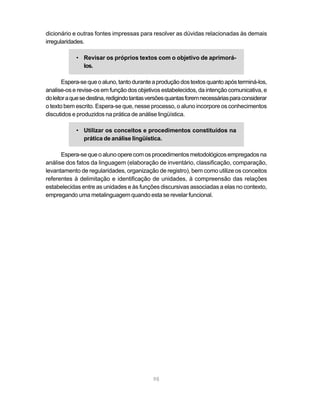 dicionário e outras fontes impressas para resolver as dúvidas relacionadas às demais
irregularidades.

            • Revisar os próprios textos com o objetivo de aprimorá-
              los.

        Espera-se que o aluno, tanto durante a produção dos textos quanto após terminá-los,
analise-os e revise-os em função dos objetivos estabelecidos, da intenção comunicativa, e
do leitor a que se destina, redigindo tantas versões quantas forem necessárias para considerar
o texto bem escrito. Espera-se que, nesse processo, o aluno incorpore os conhecimentos
discutidos e produzidos na prática de análise lingüística.

            • Utilizar os conceitos e procedimentos constituídos na
              prática de análise lingüística.

      Espera-se que o aluno opere com os procedimentos metodológicos empregados na
análise dos fatos da linguagem (elaboração de inventário, classificação, comparação,
levantamento de regularidades, organização de registro), bem como utilize os conceitos
referentes à delimitação e identificação de unidades, à compreensão das relações
estabelecidas entre as unidades e às funções discursivas associadas a elas no contexto,
empregando uma metalinguagem quando esta se revelar funcional.




                                             98
 