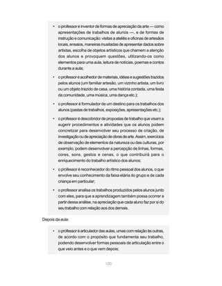 • o professor é inventor de formas de apreciação da arte — como
       apresentações de trabalhos de alunos —, e de formas de
       instrução e comunicação: visitas a ateliês e oficinas de artesãos
       locais, ensaios, maneiras inusitadas de apresentar dados sobre
       artistas, escolha de objetos artísticos que chamem a atenção
       dos alunos e provoquem questões, utilizando-os como
       elementos para uma aula, leitura de notícias, poemas e contos
       durante a aula;

     • o professor é acolhedor de materiais, idéias e sugestões trazidos
       pelos alunos (um familiar artesão, um vizinho artista, um livro
       ou um objeto trazido de casa, uma história contada, uma festa
       da comunidade, uma música, uma dança etc.);

     • o professor é formulador de um destino para os trabalhos dos
       alunos (pastas de trabalhos, exposições, apresentações etc.);

     • o professor é descobridor de propostas de trabalho que visam a
       sugerir procedimentos e atividades que os alunos podem
       concretizar para desenvolver seu processo de criação, de
       investigação ou de apreciação de obras de arte. Assim, exercícios
       de observação de elementos da natureza ou das culturas, por
       exemplo, podem desenvolver a percepção de linhas, formas,
       cores, sons, gestos e cenas, o que contribuirá para o
       enriquecimento do trabalho artístico dos alunos;

     • o professor é reconhecedor do ritmo pessoal dos alunos, o que
       envolve seu conhecimento da faixa etária do grupo e de cada
       criança em particular;

     • o professor analisa os trabalhos produzidos pelos alunos junto
       com eles, para que a aprendizagem também possa ocorrer a
       partir dessa análise, na apreciação que cada aluno faz por si do
       seu trabalho com relação aos dos demais.

Depois da aula:

     • o professor é articulador das aulas, umas com relação às outras,
       de acordo com o propósito que fundamenta seu trabalho,
       podendo desenvolver formas pessoais de articulação entre o
       que veio antes e o que vem depois;


                                    100
 