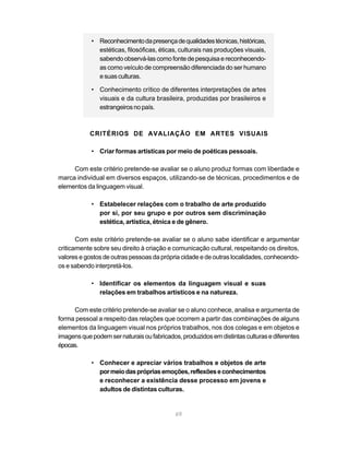 • Reconhecimento da presença de qualidades técnicas, históricas,
              estéticas, filosóficas, éticas, culturais nas produções visuais,
              sabendo observá-las como fonte de pesquisa e reconhecendo-
              as como veículo de compreensão diferenciada do ser humano
              e suas culturas.

            • Conhecimento crítico de diferentes interpretações de artes
              visuais e da cultura brasileira, produzidas por brasileiros e
              estrangeiros no país.



           CRITÉRIOS DE AVALIAÇÃO EM ARTES VISUAIS

            • Criar formas artísticas por meio de poéticas pessoais.

     Com este critério pretende-se avaliar se o aluno produz formas com liberdade e
marca individual em diversos espaços, utilizando-se de técnicas, procedimentos e de
elementos da linguagem visual.

            • Estabelecer relações com o trabalho de arte produzido
              por si, por seu grupo e por outros sem discriminação
              estética, artística, étnica e de gênero.

       Com este critério pretende-se avaliar se o aluno sabe identificar e argumentar
criticamente sobre seu direito à criação e comunicação cultural, respeitando os direitos,
valores e gostos de outras pessoas da própria cidade e de outras localidades, conhecendo-
os e sabendo interpretá-los.

            • Identificar os elementos da linguagem visual e suas
              relações em trabalhos artísticos e na natureza.

     Com este critério pretende-se avaliar se o aluno conhece, analisa e argumenta de
forma pessoal a respeito das relações que ocorrem a partir das combinações de alguns
elementos da linguagem visual nos próprios trabalhos, nos dos colegas e em objetos e
imagens que podem ser naturais ou fabricados, produzidos em distintas culturas e diferentes
épocas.

            • Conhecer e apreciar vários trabalhos e objetos de arte
              por meio das próprias emoções, reflexões e conhecimentos
              e reconhecer a existência desse processo em jovens e
              adultos de distintas culturas.


                                            69
 