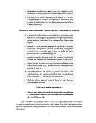 • Observação e análise das tomadas de decisão pessoais e grupais
             em relação às conseqüências/resultados dos processos criativos.

           • Identificação da relação/necessidade de “ajuste”, cooperação
             e respeito entre as escolhas individuais e as relações grupais
             em sala de aula que ocorrem nos diferentes processos do fazer
             e apreciar da dança.


    Dimensões histórico-sociais e culturais da dança e seus aspectos estéticos

           • Conhecimento dos dançarinos/coreógrafos e grupos de dança
             brasileiros e estrangeiros que contribuíram para a história da
             dança nacional, reconhecendo e contextualizando épocas e
             regiões.

           • Reflexão sobre os principais aspectos de escolha de movimento,
             estímulos coreográficos, gênero e estilo dos coreógrafos
             estudados às danças que criam em sala de aula,
             contextualizando as diferentes opções.

           • Análise, registro e documentação dos próprios trabalhos de
             dança e dos utilizados por diferentes dançarinos e coreógrafos.

           • Compreensão de parâmetros e métodos de análise de dança
             significativos para o grupo, diferenciando-os da interpretação
             pessoal de cada um.

           • Reconhecimento de diversos pontos de vista, das
             subjetividades e das relações entre olhar-fazer em sala de aula
             e o contexto sociopolítico e cultural de cada um.

           • Reflexão sobre o papel do corpo na dança em suas diversas
             manifestações artísticas.

                         Critérios de avaliação em Dança

           • Saber mover-se com consciência, desenvoltura, qualidade
             e clareza dentro de suas possibilidades de movimento e
             das escolhas que faz.

       Com este critério busca-se que o aluno conheça as possibilidades de movimento
humano e possa fazer/criar movimentos/danças próprios de acordo com suas escolhas
pessoais, respeitando e compreendendo seus limites/possibilidades físicas, emocionais e
intelectuais.

                                          77
 