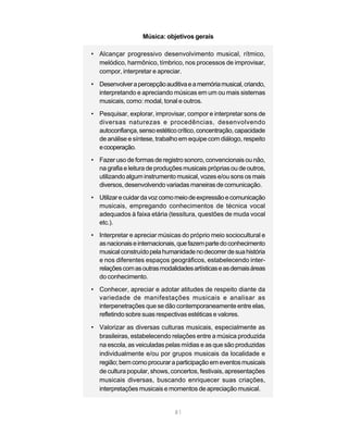 Música: objetivos gerais

• Alcançar progressivo desenvolvimento musical, rítmico,
  melódico, harmônico, tímbrico, nos processos de improvisar,
  compor, interpretar e apreciar.

• Desenvolver a percepção auditiva e a memória musical, criando,
  interpretando e apreciando músicas em um ou mais sistemas
  musicais, como: modal, tonal e outros.
• Pesquisar, explorar, improvisar, compor e interpretar sons de
  diversas naturezas e procedências, desenvolvendo
  autoconfiança, senso estético crítico, concentração, capacidade
  de análise e síntese, trabalho em equipe com diálogo, respeito
  e cooperação.
• Fazer uso de formas de registro sonoro, convencionais ou não,
  na grafia e leitura de produções musicais próprias ou de outros,
  utilizando algum instrumento musical, vozes e/ou sons os mais
  diversos, desenvolvendo variadas maneiras de comunicação.
• Utilizar e cuidar da voz como meio de expressão e comunicação
  musicais, empregando conhecimentos de técnica vocal
  adequados à faixa etária (tessitura, questões de muda vocal
  etc.).
• Interpretar e apreciar músicas do próprio meio sociocultural e
  as nacionais e internacionais, que fazem parte do conhecimento
  musical construído pela humanidade no decorrer de sua história
  e nos diferentes espaços geográficos, estabelecendo inter-
  relações com as outras modalidades artísticas e as demais áreas
  do conhecimento.
• Conhecer, apreciar e adotar atitudes de respeito diante da
  variedade de manifestações musicais e analisar as
  interpenetrações que se dão contemporaneamente entre elas,
  refletindo sobre suas respectivas estéticas e valores.

• Valorizar as diversas culturas musicais, especialmente as
  brasileiras, estabelecendo relações entre a música produzida
  na escola, as veiculadas pelas mídias e as que são produzidas
  individualmente e/ou por grupos musicais da localidade e
  região; bem como procurar a participação em eventos musicais
  de cultura popular, shows, concertos, festivais, apresentações
  musicais diversas, buscando enriquecer suas criações,
  interpretações musicais e momentos de apreciação musical.


                               81
 