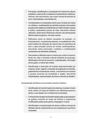 • Percepção, identificação e comparação de músicas de culturas
       brasileiras, observando e analisando características melódicas,
       rítmicas, dos instrumentos, das vozes, formas de articular os
       sons, interpretações, sonoridades etc.

     • Considerações e comparações sobre usos e funções da música
       no cotidiano, manifestações de opiniões próprias e discussões
       grupais sobre estéticas e preferências por determinadas músicas
       e estilos, explicitando pontos de vista, discutindo critérios
       utilizados, observando influências culturais nas participações
       diferenciadas de gênero, minorias e etnias.

     • Reflexões sobre os efeitos causados na audição, no
       temperamento, na saúde das pessoas, na qualidade de vida,
       pelos hábitos de utilização de volume alto nos aparelhos de
       som e pela poluição sonora do mundo contemporâneo,
       discutindo sobre prevenção, cuidados e modificações
       necessárias nas atividades cotidianas.

     • Discussões e reflexões sobre a música que o aluno consome,
       tendo em vista o mercado cultural (indústria de produção,
       distribuição e formas de consumo), a globalização, a formação
       de seu gosto, a cultura das mídias.

     • Identificação e descrição de funções desempenhadas por
       músicos: cantor, regente, compositor de jingles para comerciais,
       guitarrista de uma banda de rock etc.; e encontros com músicos
       e grupos musicais da localidade e região, discutindo
       interpretações, expressividade, técnicas e mercado de trabalho.


Compreensão da Música como produto cultural e histórico.

     • Identificação da transformação dos sistemas musicais (modal,
       tonal, serial), ao longo da história e em diferentes grupos e
       etnias, e sua relação com a história da humanidade.

     • Conhecimento de algumas transformações pelas quais passaram
       as grafias musicais ao longo da história e respectivas
       modificações pelas quais passou a linguagem musical.

     • Identificação e caracterização de obras e estilos musicais de
       distintas culturas, relacionando-os com as épocas em que foram
       compostas.


                                    85
 