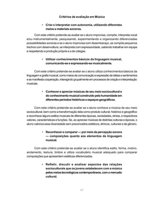 Critérios de avaliação em Música

            • Criar e interpretar com autonomia, utilizando diferentes
              meios e materiais sonoros.

      Com este critério pretende-se avaliar se o aluno improvisa, compõe, interpreta vocal
e/ou instrumentalmente, pesquisando, experimentando e organizando diferenciadas
posssibilidades sonoras e se o aluno improvisa com desembaraço, se compõe pequenos
trechos com desenvoltura, se interpreta com expressividade, sabendo trabalhar em equipe
e respeitando a produção própria e a de colegas.

            • Utilizar conhecimentos básicos da linguagem musical,
              comunicando-se e expressando-se musicalmente.

      Com este critério pretende-se avaliar se o aluno utiliza conhecimentos básicos da
linguagem e grafia musical, como meios de comunicação e expressão de idéias e sentimentos
e se manifesta cooperação, interagindo grupalmente em processos de criação e interpretação
musicais.

            • Conhecer e apreciar músicas de seu meio sociocultural e
              do conhecimento musical construído pela humanidade em
              diferentes períodos históricos e espaços geográficos.

      Com este critério pretende-se avaliar se o aluno conhece a música de seu meio
sociocultural, bem como a transformação dela como produto cultural, histórico e geográfico
e reconhece alguns estilos musicais de diferentes épocas, sociedades, etnias, e respectivos
valores, características e funções. Se, ao apreciar músicas de distintas culturas e épocas, o
aluno valoriza essa diversidade sem preconceitos estéticos, étnicos, culturais e de gênero.

            • Reconhecer e comparar — por meio da percepção sonora
              — composições quanto aos elementos da linguagem
              musical.

    Com este critério pretende-se avaliar se o aluno identifica estilo, forma, motivo,
andamento, textura, timbre e utiliza vocabulário musical adequado para comparar
composições que apresentem estéticas diferenciadas.

            • Refletir, discutir e analisar aspectos das relações
              socioculturais que os jovens estabelecem com a música
              pelos meios tecnológicos contemporâneos, com o mercado
              cultural.



                                             87
 