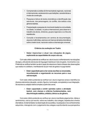• Compreensão e análise de formas teatrais regionais, nacionais
              e internacionais, esclarecendo suas tradições, características e
              modos de construção.

            • Pesquisa e leitura de textos dramáticos e identificação das
              estruturas, dos personagens, do conflito, dos estilos e dos
              gêneros teatrais.

            • Freqüentação e pesquisa do movimento teatral na comunidade,
              na cidade, no estado, no país e internacional, para observar o
              trabalho de atores, diretores, grupos regionais e a crítica de
              espetáculos.

            • Consulta e levantamentos em centros de documentação,
              arquivos multimídias, acervos e em bancos de textos dramáticos
              sobre o teatro local, nacional e sobre a dramaturgia universal.


                           Critérios de avaliação em Teatro

            • Saber improvisar e atuar nas situações de jogos,
              explorando as capacidades do corpo e da voz.

      Com este critério pretende-se verificar se o aluno busca o enfrentamento nas situações
de jogos, articulando estruturas de linguagem teatral por meio do gesto, movimento e voz.
Pretende-se verificar também se ele é capaz de relacionar e fazer sínteses das observações
que realiza no cotidiano, manifestando-as por meio de gestos no jogo teatral.

            • Estar capacitado para criar cenas escritas ou encenadas,
              reconhecendo e organizando os recursos para a sua
              estruturação.

      Com este critério pretende-se verificar se o aluno organiza cenas e identifica os
diversos elementos (atuação, cenário, figurino, iluminação, sonoplastia) e sua integração.
Se escreve ou adapta roteiros simples a partir das cenas.

            • Estar capacitado a emitir opiniões sobre a atividade
              teatral, com clareza e critérios fundamentados, sem
              discriminação estética, artística, étnica ou de gênero.

      Com este critério pretende-se verificar se o aluno manifesta julgamentos, idéias e
sentimentos, oral ou por escrito, sobre seu trabalho, dos colegas, espetáculos e textos
dramáticos, fundamentados na observação de sua prática, na pesquisa e nos conhecimentos
adquiridos, interagindo com o julgamento dos colegas e aprofundando sua perspectiva

                                            93
 