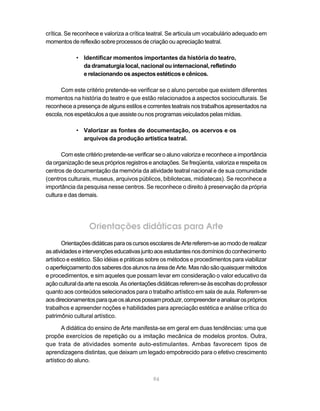 crítica. Se reconhece e valoriza a crítica teatral. Se articula um vocabulário adequado em
momentos de reflexão sobre processos de criação ou apreciação teatral.

            • Identificar momentos importantes da história do teatro,
              da dramaturgia local, nacional ou internacional, refletindo
              e relacionando os aspectos estéticos e cênicos.

      Com este critério pretende-se verificar se o aluno percebe que existem diferentes
momentos na história do teatro e que estão relacionados a aspectos socioculturais. Se
reconhece a presença de alguns estilos e correntes teatrais nos trabalhos apresentados na
escola, nos espetáculos a que assiste ou nos programas veiculados pelas mídias.

            • Valorizar as fontes de documentação, os acervos e os
              arquivos da produção artística teatral.

      Com este critério pretende-se verificar se o aluno valoriza e reconhece a importância
da organização de seus próprios registros e anotações. Se freqüenta, valoriza e respeita os
centros de documentação da memória da atividade teatral nacional e de sua comunidade
(centros culturais, museus, arquivos públicos, bibliotecas, midiatecas). Se reconhece a
importância da pesquisa nesse centros. Se reconhece o direito à preservação da própria
cultura e das demais.




                  Orientações didáticas para Arte
        Orientações didáticas para os cursos escolares de Arte referem-se ao modo de realizar
as atividades e intervenções educativas junto aos estudantes nos domínios do conhecimento
artístico e estético. São idéias e práticas sobre os métodos e procedimentos para viabilizar
o aperfeiçoamento dos saberes dos alunos na área de Arte. Mas não são quaisquer métodos
e procedimentos, e sim aqueles que possam levar em consideração o valor educativo da
ação cultural da arte na escola. As orientações didáticas referem-se às escolhas do professor
quanto aos conteúdos selecionados para o trabalho artístico em sala de aula. Referem-se
aos direcionamentos para que os alunos possam produzir, compreender e analisar os próprios
trabalhos e apreender noções e habilidades para apreciação estética e análise crítica do
patrimônio cultural artístico.

       A didática do ensino de Arte manifesta-se em geral em duas tendências: uma que
propõe exercícios de repetição ou a imitação mecânica de modelos prontos. Outra,
que trata de atividades somente auto-estimulantes. Ambas favorecem tipos de
aprendizagens distintas, que deixam um legado empobrecido para o efetivo crescimento
artístico do aluno.


                                             94
 