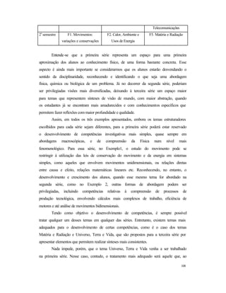 108
Telecomunicações
2
o
semestre F1. Movimentos:
variações e conservações
F2. Calor, Ambiente e
Usos de Energia
F5. Matéria e Radiação
Entende-se que a primeira série representa um espaço para uma primeira
aproximação dos alunos ao conhecimento físico, de uma forma bastante concreta. Esse
aspecto é ainda mais importante se considerarmos que os alunos estarão desvendando o
sentido da disciplinaridade, reconhecendo e identificando o que seja uma abordagem
física, química ou biológica de um problema. Já no decorrer da segunda série, poderiam
ser privilegiadas visões mais diversificadas, deixando à terceira série um espaço maior
para temas que representem sínteses de visão de mundo, com maior abstração, quando
os estudantes já se encontram mais amadurecidos e com conhecimentos específicos que
permitem fazer reflexões com maior profundidade e qualidade.
Assim, em todos os três exemplos apresentados, embora os temas estruturadores
escolhidos para cada série sejam diferentes, para a primeira série poderá estar reservado
o desenvolvimento de competências investigativas mais simples, quase sempre em
abordagens macroscópicas, e de compreensão da Física num nível mais
fenomenológico. Para essa série, no Exemplo1, o estudo do movimento pode se
restringir à utilização das leis de conservação do movimento e da energia em sistemas
simples, como aqueles que envolvem movimentos unidimensionais, ou relações diretas
entre causa e efeito, relações matemáticas lineares etc. Reconhecendo, no entanto, o
desenvolvimento e crescimento dos alunos, quando esse mesmo tema for abordado na
segunda série, como no Exemplo 2, outras formas de abordagem podem ser
privilegiadas, incluindo competências relativas à compreensão de processos de
produção tecnológica, envolvendo cálculos mais complexos de trabalho, eficiência de
motores e até análise de movimentos bidimensionais.
Tendo como objetivo o desenvolvimento de competências, é sempre possível
tratar qualquer um desses temas em qualquer das séries. Entretanto, existem temas mais
adequados para o desenvolvimento de certas competências, como é o caso dos temas
Matéria e Radiação e Universo, Terra e Vida, que são propostos para a terceira série por
apresentar elementos que permitem realizar sínteses mais consistentes.
Nada impede, porém, que o tema Universo, Terra e Vida venha a ser trabalhado
na primeira série. Nesse caso, contudo, o tratamento mais adequado será aquele que, ao
 