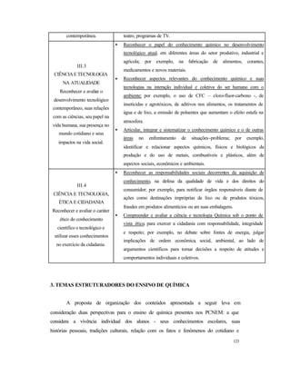 123
contemporânea. teatro, programas de TV.
III.3
CIÊNCIAETECNOLOGIA
NA ATUALIDADE
Reconhecer e avaliar o
desenvolvimento tecnológico
contemporâneo, suas relações
com as ciências, seu papel na
vida humana, sua presença no
mundo cotidiano e seus
impactos na vida social.
• Reconhecer o papel do conhecimento químico no desenvolvimento
tecnológico atual, em diferentes áreas do setor produtivo, industrial e
agrícola; por exemplo, na fabricação de alimentos, corantes,
medicamentos e novos materiais.
• Reconhecer aspectos relevantes do conhecimento químico e suas
tecnologias na interação individual e coletiva do ser humano com o
ambiente; por exemplo, o uso de CFC – cloro-fluor-carbono -, de
inseticidas e agrotóxicos, de aditivos nos alimentos, os tratamentos de
água e de lixo, a emissão de poluentes que aumentam o efeito estufa na
atmosfera.
• Articular, integrar e sistematizar o conhecimento químico e o de outras
áreas no enfrentamento de situações-problema; por exemplo,
identificar e relacionar aspectos químicos, físicos e biológicos da
produção e do uso de metais, combustíveis e plásticos, além de
aspectos sociais, econômicos e ambientais.
III.4
CIÊNCIA E TECNOLOGIA,
ÉTICA E CIDADANIA
Reconhecer e avaliar o caráter
ético do conhecimento
científico e tecnológico e
utilizar esses conhecimentos
no exercício da cidadania.
• Reconhecer as responsabilidades sociais decorrentes da aquisição de
conhecimento, na defesa da qualidade de vida e dos direitos do
consumidor; por exemplo, para notificar órgãos responsáveis diante de
ações como destinações impróprias de lixo ou de produtos tóxicos,
fraudes em produtos alimentícios ou em suas embalagens.
• Compreender e avaliar a ciência e tecnologia Química sob o ponto de
vista ético, para exercer a cidadania com responsabilidade, integridade
e respeito; por exemplo, no debate sobre fontes de energia, julgar
implicações de ordem econômica, social, ambiental, ao lado de
argumentos científicos para tomar decisões a respeito de atitudes e
comportamentos individuais e coletivos.
3. TEMAS ESTRUTURADORES DO ENSINO DE QUÍMICA
A proposta de organização dos conteúdos apresentada a seguir leva em
consideração duas perspectivas para o ensino de química presentes nos PCNEM: a que
considera a vivência individual dos alunos - seus conhecimentos escolares, suas
histórias pessoais, tradições culturais, relação com os fatos e fenômenos do cotidiano e
 