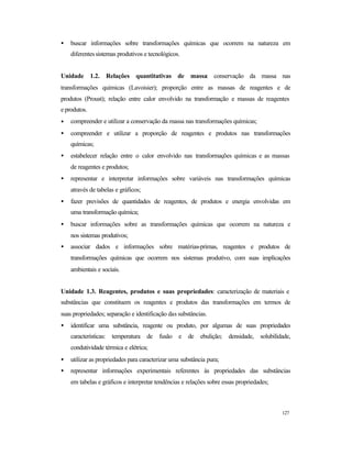 127
• buscar informações sobre transformações químicas que ocorrem na natureza em
diferentessistemas produtivos e tecnológicos.
Unidade 1.2. Relações quantitativas de massa: conservação da massa nas
transformações químicas (Lavoisier); proporção entre as massas de reagentes e de
produtos (Proust); relação entre calor envolvido na transformação e massas de reagentes
e produtos.
• compreender e utilizar a conservação da massa nas transformações químicas;
• compreender e utilizar a proporção de reagentes e produtos nas transformações
químicas;
• estabelecer relação entre o calor envolvido nas transformações químicas e as massas
de reagentes e produtos;
• representar e interpretar informações sobre variáveis nas transformações químicas
através de tabelas e gráficos;
• fazer previsões de quantidades de reagentes, de produtos e energia envolvidas em
uma transformação química;
• buscar informações sobre as transformações químicas que ocorrem na natureza e
nos sistemas produtivos;
• associar dados e informações sobre matérias-primas, reagentes e produtos de
transformações químicas que ocorrem nos sistemas produtivo, com suas implicações
ambientais e sociais.
Unidade 1.3. Reagentes, produtos e suas propriedades: caracterização de materiais e
substâncias que constituem os reagentes e produtos das transformações em termos de
suas propriedades; separação e identificação das substâncias.
• identificar uma substância, reagente ou produto, por algumas de suas propriedades
características: temperatura de fusão e de ebulição; densidade, solubilidade,
condutividade térmica e elétrica;
• utilizar as propriedades para caracterizar uma substância pura;
• representar informações experimentais referentes às propriedades das substâncias
em tabelas e gráficos e interpretar tendências e relações sobre essas propriedades;
 