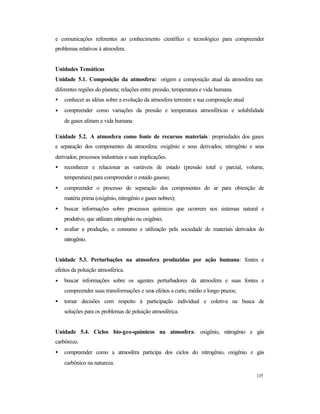 135
e comunicações referentes ao conhecimento científico e tecnológico para compreender
problemas relativos à atmosfera.
Unidades Temáticas
Unidade 5.1. Composição da atmosfera: origem e composição atual da atmosfera nas
diferentes regiões do planeta; relações entre pressão, temperatura e vida humana.
• conhecer as idéias sobre a evolução da atmosfera terrestre e sua composição atual
• compreender como variações da pressão e temperatura atmosféricas e solubilidade
de gases afetam a vida humana
Unidade 5.2. A atmosfera como fonte de recursos materiais: propriedades dos gases
e separação dos componentes da atmosfera; oxigênio e seus derivados; nitrogênio e seus
derivados; processos industriais e suas implicações.
• reconhecer e relacionar as variáveis de estado (pressão total e parcial, volume,
temperatura) para compreender o estado gasoso;
• compreender o processo de separação dos componentes do ar para obtenção de
matéria prima (oxigênio, nitrogênio e gases nobres);
• buscar informações sobre processos químicos que ocorrem nos sistemas natural e
produtivo, que utilizam nitrogênio ou oxigênio;
• avaliar a produção, o consumo e utilização pela sociedade de materiais derivados do
nitrogênio.
Unidade 5.3. Perturbações na atmosfera produzidas por ação humana: fontes e
efeitos da poluição atmosférica.
• buscar informações sobre os agentes perturbadores da atmosfera e suas fontes e
compreender suas transformações e seus efeitos a curto, médio e longo prazos;
• tomar decisões com respeito à participação individual e coletiva na busca de
soluções para os problemas de poluição atmosférica.
Unidade 5.4. Ciclos bio-geo-químicos na atmosfera: oxigênio, nitrogênio e gás
carbônico.
• compreender como a atmosfera participa dos ciclos do nitrogênio, oxigênio e gás
carbônico na natureza.
 