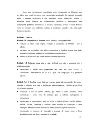 139
Nesse tema aprimoram-se competências como: compreender os diferentes usos
do solo e seus benefícios para a vida; compreender propriedades dos materiais no estado
sólido e modelos explicativos a elas associadas; buscar informações, analisar e
interpretar textos relativos aos conhecimentos científicos e tecnológicos para
compreender problemas relacionados à litosfera; reconhecer, avaliar e tomar decisões
sobre os impactos nos ambientes naturais e construídos causados pela intervenção
humana na litosfera.
Unidades Temáticas
Unidade 7.1. Composição da litosfera: o solo, o subsolo, e suas propriedades.
• conhecer as idéias sobre origem, evolução e composição da litosfera - solo e
subsolo;
• reconhecer as propriedades dos sólidos encontrados na litosfera: dureza, tenacidade,
plasticidade, densidade, solubilidade, condutibilidade elétrica e térmica;
• entender as proprie dades dos sólidos utilizando modelos explicativos.
Unidade 7.2. Relações entre solo e vida: fertilidade dos solos e agricultura; solo e
criação de animais.
• compreender a relação entre propriedades dos solos, tais como "acidez" e
"alcalinidade", permeabilidade ao ar e à água, sua composição e a produção
agrícola.
Unidade 7.3. A litosfera como fonte de recursos materiais: propriedades das rochas,
minérios e minerais, seus usos e implicações sócio-econômicas; classificação periódica
dos elementos químicos.
• reconhecer o uso do carvão, petróleo, gás natural e outros materiais, como
combustíveis e como fonte de materiais para a indústria carboquímica e
petroquímica;
• compreender as propriedades e usos de rochas e minerais (óxidos, enxofre, sulfetos,
sulfatos, fosfatos, carbonatos e silicatos) como materiais de construção e como
fontes para obtenção de outros materiais, no sistema produtivo, agrícola e industrial;
• compreender os processos de mineração e produção de metais, como o ferro,
alumínio e cobre e suas ligas e seus usos na sociedade;
 
