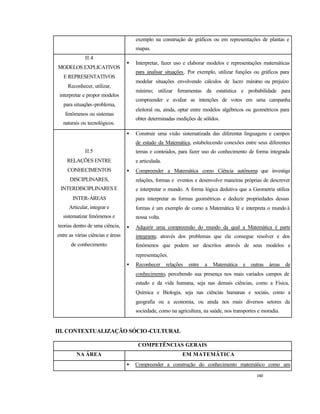 160
exemplo na construção de gráficos ou em representações de plantas e
mapas.
II.4
MODELOS EXPLICATIVOS
E REPRESENTATIVOS
Reconhecer, utilizar,
interpretar e propor modelos
para situações-problema,
fenômenos ou sistemas
naturais ou tecnológicos.
• Interpretar, fazer uso e elaborar modelos e representações matemáticas
para analisar situações. Por exemplo, utilizar funções ou gráficos para
modelar situações envolvendo cálculos de lucro máximo ou prejuízo
mínimo; utilizar ferramentas da estatística e probabilidade para
compreender e avaliar as intenções de votos em uma campanha
eleitoral ou, ainda, optar entre modelos algébricos ou geométricos para
obter determinadas medições de sólidos.
II.5
RELAÇÕES ENTRE
CONHECIMENTOS
DISCIPLINARES,
INTERDISCIPLINARES E
INTER-ÁREAS
Articular, integrar e
sistematizar fenômenos e
teorias dentro de uma ciência,
entre as várias ciências e áreas
de conhecimento.
• Construir uma visão sistematizada das diferentes linguagens e campos
de estudo da Matemática, estabelecendo conexões entre seus diferentes
temas e conteúdos, para fazer uso do conhecimento de forma integrada
e articulada.
• Compreender a Matemática como Ciência autônoma que investiga
relações, formas e eventos e desenvolve maneiras próprias de descrever
e interpretar o mundo. A forma lógica dedutiva que a Geometria utiliza
para interpretar as formas geométricas e deduzir propriedades dessas
formas é um exemplo de como a Matemática lê e interpreta o mundoà
nossa volta.
• Adquirir uma compreensão do mundo da qual a Matemática é parte
integrante, através dos problemas que ela consegue resolver e dos
fenômenos que podem ser descritos através de seus modelos e
representações.
• Reconhecer relações entre a Matemática e outras áreas de
conhecimento, percebendo sua presença nos mais variados campos de
estudo e da vida humana, seja nas demais ciências, como a Física,
Química e Biologia, seja nas ciências humanas e sociais, como a
geografia ou a economia, ou ainda nos mais diversos setores da
sociedade, como na agricultura, na saúde, nos transportes e moradia.
III. CONTEXTUALIZAÇÃO SÓCIO-CULTURAL
COMPETÊNCIAS GERAIS
NA ÁREA EM MATEMÁTICA
• Compreender a construção do conhecimento matemático como um
 