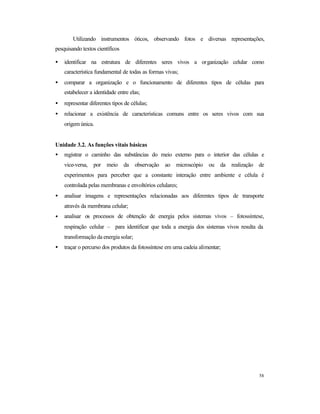 58
Utilizando instrumentos óticos, observando fotos e diversas representações,
pesquisando textos científicos
• identificar na estrutura de diferentes seres vivos a organização celular como
característica fundamental de todas as formas vivas;
• comparar a organização e o funcionamento de diferentes tipos de células para
estabelecer a identidade entre elas;
• representar diferentes tipos de células;
• relacionar a existência de características comuns entre os seres vivos com sua
origem única.
Unidade 3.2. As funções vitais básicas
• registrar o caminho das substâncias do meio externo para o interior das células e
vice-versa, por meio da observação ao microscópio ou da realização de
experimentos para perceber que a constante interação entre ambiente e célula é
controlada pelas membranas e envoltórios celulares;
• analisar imagens e representações relacionadas aos diferentes tipos de transporte
através da membrana celular;
• analisar os processos de obtenção de energia pelos sistemas vivos – fotossíntese,
respiração celular – para identificar que toda a energia dos sistemas vivos resulta da
transformação da energia solar;
• traçar o percurso dos produtos da fotossíntese em uma cadeia alimentar;
 