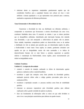 60
• relacionar dentre os organismos manipulados geneticamente aqueles que são
considerados benéficos para a população humana sem colocar em risco o meio
ambiente e demais populações e os que representam risco potencial para a natureza,
analisando os argumentos de diferentes profissionais.
Tema Estruturador 4. Diversidade da vida
Caracterizar a diversidade da vida, sua distribuição nos diferentes ambientes, e
compreender os mecanismos que favoreceram a enorme diversificação dos seres vivos,
constituem finalidades desse tema. O essencial, no entanto, é que os alunos percebam
que os desequilíbrios ambientais, intensificados pela intervenção humana, têm reduzido
essa diversidade, o que está ameaçando a sobrevivência da própria vida no planeta.
Nessa unidade, importantes competências podem ser desenvolvidas como as de analisar
a distribuição da vida no planeta para perceber que, em determinadas regiões do globo,
a biodiversidade é muito maior. Essas regiões, no entanto, geralmente coincidem com
aquelas em que as desigualdades sociais são mais acentuadas e os índices de
desenvolvimento humano são os mais baixos e, portanto, equacionar as questões
relativas à manutenção da biodiversidade, nessas regiões, passa necessariamente por
reduzir as desigualdades sociais.
Unidades Temáticas
Unidade 4.1. A origem da diversidade
• construir o conceito de mutação, analisando os efeitos de determinados agentes
químicos e radioativos sobre o material hereditário;
• reconhecer o papel das mutações como fonte primária da diversidade genética,
analisando possíveis efeitos sobre o código genético provocados pelos erros na
molécula do DNA;
• reconhecer a reprodução sexuada e o processo meiótico como fonte de variabilidade
genética;
• relacionar os processos responsáveis pela diversidade genética para elaborar
explicações sobre a grande variedade de espécies no planeta;
• fazer um levantamento de informações sobre os reinos em que estão divididos os
seres vivos e suas principais características para elaborar um quadro resumo.
 