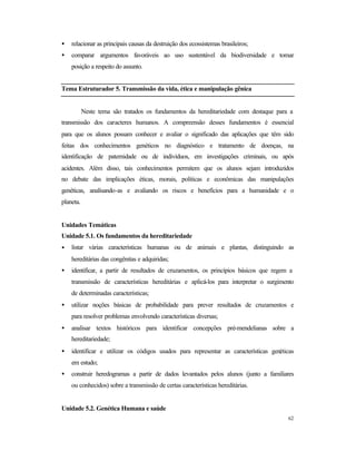 62
• relacionar as principais causas da destruição dos ecossistemas brasileiros;
• comparar argumentos favoráveis ao uso sustentável da biodiversidade e tomar
posição a respeito do assunto.
Tema Estruturador 5. Transmissão da vida, ética e manipulação gênica
Neste tema são tratados os fundamentos da hereditariedade com destaque para a
transmissão dos caracteres humanos. A compreensão desses fundamentos é essencial
para que os alunos possam conhecer e avaliar o significado das aplicações que têm sido
feitas dos conhecimentos genéticos no diagnóstico e tratamento de doenças, na
identificação de paternidade ou de indivíduos, em investigações criminais, ou após
acidentes. Além disso, tais conhecimentos permitem que os alunos sejam introduzidos
no debate das implicações éticas, morais, políticas e econômicas das manipulações
genéticas, analisando-as e avaliando os riscos e benefícios para a humanidade e o
planeta.
Unidades Temáticas
Unidade 5.1. Os fundamentos da hereditariedade
• listar várias características humanas ou de animais e plantas, distinguindo as
hereditárias das congênitas e adquiridas;
• identificar, a partir de resultados de cruzamentos, os princípios básicos que regem a
transmissão de características hereditárias e aplicá-los para interpretar o surgimento
de determinadas características;
• utilizar noções básicas de probabilidade para prever resultados de cruzamentos e
para resolver problemas envolvendo características diversas;
• analisar textos históricos para identificar concepções pré-mendelianas sobre a
hereditariedade;
• identificar e utilizar os códigos usados para representar as características genéticas
em estudo;
• construir heredogramas a partir de dados levantados pelos alunos (junto a familiares
ou conhecidos) sobre a transmissão de certas características hereditárias.
Unidade 5.2. Genética Humana e saúde
 