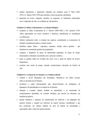 65
• analisar experiências e argumentos utilizados por cientistas como F. Redi (1626-
1697) e L. Pasteur (1822-1895) para derrubar a teoria da geração espontânea;
• apresentar em textos, maquetes, desenhos ou esquemas, os fenômenos relacionados
com o surgimento da vida e as condições da vida primitiva.
Unidade 6.2. Idéias evolucionistas e a evolução biológica
• comparar as idéias evolucionistas de C. Darwin (1809-1882) e J.B. Lamarck (1744-
1829), apresentadas em textos científicos e históricos, identificando as semelhanças
e as diferenças;
• elaborar explicações sobre a evolução das espécies, considerando os mecanismos de
mutação, recombinação gênica e seleção natural;
• identificar alguns fatores - migrações, mutações, seleção, deriva genética – que
interferem na constituição genética das populações;
• comparar a freqüência de genes de determinada população, ao longo do tempo,
relacionando as alterações encontradas com o processo evolutivo;
• traçar as grandes linhas da evolução dos seres vivos a partir da análise de árvores
filogenéticas;
• construir uma escala de tempo, situando acontecimentos relevantes da história da
vida.
Unidade 6.3. A origem do ser humano e a evolução cultural
• construir a árvore filogenética dos hominídeos, baseando-se em dados recentes
sobre os ancestrais do ser humano;
• reconhecer o papel desempenhado pelo desenvolvimento da inteligência, da
linguagem e da aprendizagem na evolução do ser humano;
• distinguir a evolução cultural, fundada no aprendizado e na transmissão de
comportamentos aprendidos, da evolução biológica, que decorre de alterações nas
freqüências gênicas;
• apontar benefícios e prejuízos da transformação do ambie nte e da adaptação das
espécies animais e vegetais aos interesses da espécie humana, considerando o que
tem acontecido, nos últimos milhares de anos da história da humanidade e
especulando sobre o futuro da espécie humana.
 