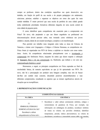 80
sempre ao professor, dentro das condições específicas nas quais desenvolve seu
trabalho, em função do perfil de sua escola e do projeto pedagógico em andamento,
selecionar, priorizar, redefinir e organizar os objetivos em torno dos quais faz mais
sentido trabalhar. É muito provável que uma escola da periferia de uma cidade grande
tenha estabelecido prioridades formativas diferentes daquelas de uma escola central de
uma cidade de pequeno porte.
E como identificar quais competências são essenciais para a compreensão em
Física? De novo, não projetando o que um futuro engenheiro ou profissional em
telecomunicações deverá precisar saber, mas tomando como referência um jovem
solidário e atuante, diante de um mundo tecnológico, complexo e em transformação.
Para permitir um trabalho mais integrado entre todas as áreas de Ciências da
Natureza, e destas com Linguagens e Códigos e Ciências Humanas, as competências em
Física foram já organizadas nos PCN de forma a explicitar os vínculos com essas outras
áreas. Assim, há competências relacionadas principalmente com a investigação e
compreensão dos fenômenos físicos, enquanto há outras que dizem respeito à utilização
da linguagem física e de sua comunicação, ou, finalmente, que tenham a ver com sua
contextualização histórico e social.
Retomamos, a seguir, as principais competências em Física esperadas ao final da
escolaridade básica, de maneira equivalente ao que já foi apresentado nos PCN. De
novo, não há a preocupação em produzir uma listagem completa, mas sim de buscar
dar-lhes um sentido mais concreto, discutindo possíveis encaminhamentos e suas
diferentes compreensões, ressaltando os aspectos que as tornam significativas através de
situações que as exemplificam.
I. REPRESENTAÇÃO E COMUNICAÇÃO
COMPETÊNCIAS GERAIS
NA ÁREA EM FÍSICA
I.1
SÍMBOLOS, CÓDIGOS E
NOMENCLATURAS DA C&T
Reconhecer e utilizar
adequadamente na forma oral e
• Reconhecer e saber utilizar corretamente símbolos, códigos e
nomenclaturas de grandezas da Física, por exemplo, nas
informações em embalagens de produtos, reconhecer símbolos
de massa ou volume; nas previsões climáticas, identificar
temperaturas, pressão, índices pluviométricos; no volume de
alto-falantes, reconhecer a intensidade sonora (dB); em estradas
 
