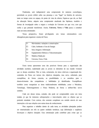 92
Finalmente, será indispensável uma compreensão de natureza cosmológica,
permitindo ao jovem refletir sobre sua presença e seu “lugar” na história do universo,
tanto no tempo como no espaço, do ponto de vista da ciência. Espera-se que ele, ao final
da educação básica, adquira uma compreensão atualizada das hipóteses, modelos e
formas de investigação sobre a origem e evolução do Universo em que vive, com que
sonha e que pretende transformar. Assim, Universo, Terra e Vida passa a constituir
mais um tema estruturador.
Nessa perspectiva, foram privilegiados seis temas estruturadores com
abrangência para organizar o ensino de Física:
F1 Movimentos: variações e conservações
F2 Calor, Ambiente e Usos de Energia
F3 Som, Imagem e Informação
F4 Equipamentos Elétricos e Telecomunicações
F5 Matéria e Radia ção
F6 Universo, Terra e Vida
Esses temas apresentam uma das possíveis formas para a organização das
atividades escolares, explicitando para os jovens os elementos de seu mundo vivencial
que se deseja considerar. Não se trata, certamente, da única releit ura e organização dos
conteúdos da Física em termos dos objetivos desejados, mas serve, sobretudo, para
exemplificar, de forma concreta, as possibilidades e os caminhos para o
desenvolvimento das competências e habilidades já identificadas. Exemplificam
também como reorganizar as áreas tradicionalmente trabalhadas, como a Mecânica,
Termologia, Eletromagnetismo e Física Moderna, de forma a atribuir-lhes novos
sentidos.
Cada um desses temas, contudo, não pode ser compreendido como um tema
isolado, já que há inúmeras sobreposições e inter-relações entre os objetos que se
pretende estudadar. Com certeza, eles somente completam seu sentido através de suas
interseções e de suas relações com outras áreas do conhecimento.
Para organizar o trabalho dentro de cada tema, as atividades planejadas podem
ser sistematizadas em três ou quatro unidades temáticas, cuja delimitação e seqüência
favoreçam o objetivo desejado. Essa estruturação pode contribuir para evitar que as
 