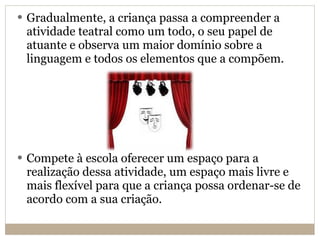 Gradualmente, a criança passa a compreender a atividade teatral como um todo, o seu papel de atuante e observa um maior domínio sobre a linguagem e todos os elementos que a compõem. Compete à escola oferecer um espaço para a realização dessa atividade, um espaço mais livre e mais flexível para que a criança possa ordenar-se de acordo com a sua criação. 