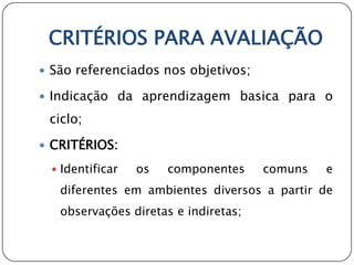 CRITÉRIOS PARA AVALIAÇÃO
 São referenciados nos objetivos;

 Indicação da aprendizagem basica para o

 ciclo;

 CRITÉRIOS:

  Identificar   os   componentes     comuns   e
   diferentes em ambientes diversos a partir de
   observações diretas e indiretas;
 