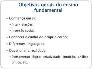Objetivos gerais do ensino
               fundamental
 Confiança em si;

  Inter-relações;

  Inserção social.

 Conhecer e cuidar do próprio corpo;

 Diferentes linguagens;

 Questionar a realidade;

  Pensamento lógico, criatividade, intuição, análise

   crítica, etc.
 