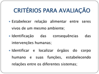 CRITÉRIOS PARA AVALIAÇÃO
 Estabelecer       relação alimentar entre seres
 vivos de um mesmo ambiente;

 Identificação           das      consequências    das
 intervenções humanas;

 Identificar       e    localizar   órgãos   do   corpo
 humano         e       suas    funções,   estabelecendo
 relações entre os diferentes sistemas;
 