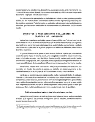 apresentados numa relação única. Dessa forma, sua seqüenciação, tanto internamente nos
ciclos quanto entre estes, deverá orientar-se considerando os critérios apresentados neste
documento e o projeto educativo da escola19 .

       Inicialmente serão apresentados os conteúdos conceituais e procedimentais referentes
a cada uma das Práticas, todos considerados de fundamental importância para a conquista
dos objetivos propostos. Posteriormente, os conteúdos sobre o desenvolvimento de valores
e atitudes, que não devem ser tratados de maneira isolada por permearem todo o trabalho
escolar.


           CONCEITOS E PROCEDIMENTOS SUBJACENTES ÀS
                    PRÁTICAS DE LINGUAGEM

       Antes de apresentar os conteúdos a serem desenvolvidos nas Práticas de escuta de
textos orais e de Leitura de textos escritos e Produção de textos orais e escritos, são sugeridos
alguns gêneros como referência básica a partir da qual o trabalho com os textos – unidade
básica de ensino – precisará se organizar, projetando a seleção de conteúdos para a Prática
de análise lingüística.

      A grande diversidade de gêneros, praticamente ilimitada, impede que a escola trate
todos eles como objeto de ensino; assim, uma seleção é necessária. Neste documento,
foram priorizados aqueles cujo domínio é fundamental à efetiva participação social,
encontrando-se agrupados, em função de sua circulação social, em gêneros literários, de
imprensa, publicitários, de divulgação científica, comumente presentes no universo escolar.

      No entanto, não se deve considerar a relação apresentada como exaustiva. Ao
contrário, em função do projeto da escola, do trabalho em desenvolvimento e das
necessidades específicas do grupo de alunos, outras escolhas poderão ser feitas.

      Ainda que se considere que, no espaço escolar, muitas vezes as atividades de produção
de textos – orais ou escritos – destinam-se a possibilitar que os alunos desenvolvam melhor
competência para a recepção, a discrepância entre as indicações de gêneros apresentadas
para a prática de escuta e leitura e para a de produção procura levar em conta os usos sociais
mais freqüentes dos textos, no que se refere aos gêneros selecionados, pode-se dizer que
as pessoas lêem muito mais do que escrevem, escutam muito mais do que falam.


               Prática de escuta de textos orais e leitura de textos escritos

     Antes dos conteúdos para as práticas de escuta e leitura de textos, será apresentada
a tabela que organiza os gêneros privilegiados para o trabalho, conforme critérios
apresentados anteriormente.

19
  Em função das especificidades colocadas pelo processo de alfabetização nas séries iniciais, no documento de
Língua Portuguesa para o primeiro e o segundo ciclo, optou-se por separar os conteúdos em duas relações.


                                                     53
 