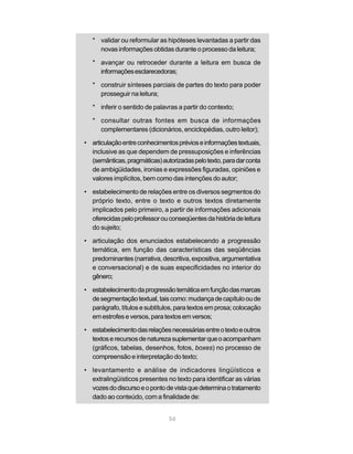 * validar ou reformular as hipóteses levantadas a partir das
     novas informações obtidas durante o processo da leitura;

   * avançar ou retroceder durante a leitura em busca de
     informações esclarecedoras;

   * construir sínteses parciais de partes do texto para poder
     prosseguir na leitura;

   * inferir o sentido de palavras a partir do contexto;

   * consultar outras fontes em busca de informações
     complementares (dicionários, enciclopédias, outro leitor);

• articulação entre conhecimentos prévios e informações textuais,
  inclusive as que dependem de pressuposições e inferências
  (semânticas, pragmáticas) autorizadas pelo texto, para dar conta
  de ambigüidades, ironias e expressões figuradas, opiniões e
  valores implícitos, bem como das intenções do autor;

• estabelecimento de relações entre os diversos segmentos do
  próprio texto, entre o texto e outros textos diretamente
  implicados pelo primeiro, a partir de informações adicionais
  oferecidas pelo professor ou conseqüentes da história de leitura
  do sujeito;

• articulação dos enunciados estabelecendo a progressão
  temática, em função das características das seqüências
  predominantes (narrativa, descritiva, expositiva, argumentativa
  e conversacional) e de suas especificidades no interior do
  gênero;

• estabelecimento da progressão temática em função das marcas
  de segmentação textual, tais como: mudança de capítulo ou de
  parágrafo, títulos e subtítulos, para textos em prosa; colocação
  em estrofes e versos, para textos em versos;

• estabelecimento das relações necessárias entre o texto e outros
  textos e recursos de natureza suplementar que o acompanham
  (gráficos, tabelas, desenhos, fotos, boxes) no processo de
  compreensão e interpretação do texto;

• levantamento e análise de indicadores lingüísticos e
  extralingüísticos presentes no texto para identificar as várias
  vozes do discurso e o ponto de vista que determina o tratamento
  dado ao conteúdo, com a finalidade de:


                               56
 
