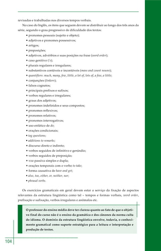 104 
revisadas e trabalhadas nos diversos tempos verbais. 
No caso do Inglês, os itens que seguem devem se distribuir ao longo dos três anos da 
série, segundo o grau progressivo de dificuldade dos textos: 
• pronomes pessoais (sujeito e objeto); 
• adjetivos e pronomes possessivos; 
• artigos; 
• preposições; 
• adjetivos, advérbios e suas posições na frase (word order); 
• caso genitivo (’s); 
• plurais regulares e irregulares; 
• substantivos contáveis e incontáveis (mass and count nouns); 
• quantifiers: much, many, few, little, a lot of, lots of, a few, a little; 
• conjunções (linkers); 
• falsos cognatos; 
• principais prefixos e sufixos; 
• verbos regulares e irregulares; 
• graus dos adjetivos; 
• pronomes indefinidos e seus compostos; 
• pronomes reflexivos; 
• pronomes relativos; 
• pronomes interrogativos; 
• uso enfático de do; 
• orações condicionais; 
• tag questions; 
• additions to remarks; 
• discurso direto e indireto; 
• verbos seguidos de infinitivo e gerúndio; 
• verbos seguidos de preposição; 
• voz passiva simples e dupla; 
• orações temporais com o verbo to take; 
• forma causativa de have and get; 
• also, too, either, or, neither, nor; 
• phrasal verbs. 
Os exercícios gramaticais em geral devem estar a serviço da fixação de aspectos 
relevantes da estrutura lingüística como tal – tempos e formas verbais, word order, 
prefixação e sufixação, verbos irregulares e anômalos etc. 
O professor do ensino médio deve ter clareza quanto ao fato de que o objeti-vo 
final do curso não é o ensino da gramática e dos cânones da norma culta 
do idioma. O domínio da estrutura lingüística envolve, todavia, o conheci-mento 
gramatical como suporte estratégico para a leitura e interpretação e 
produção de textos. 
 