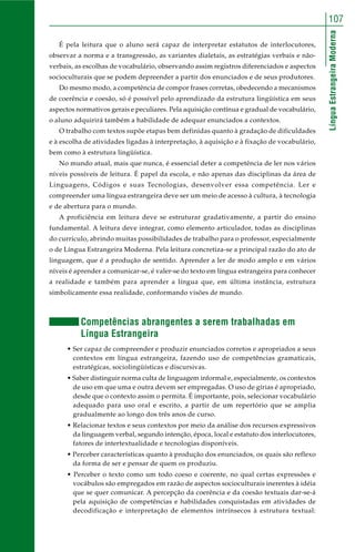 107 
Língua Estrangeira Moderna 
É pela leitura que o aluno será capaz de interpretar estatutos de interlocutores, 
observar a norma e a transgressão, as variantes dialetais, as estratégias verbais e não-verbais, 
as escolhas de vocabulário, observando assim registros diferenciados e aspectos 
socioculturais que se podem depreender a partir dos enunciados e de seus produtores. 
Do mesmo modo, a competência de compor frases corretas, obedecendo a mecanismos 
de coerência e coesão, só é possível pelo aprendizado da estrutura lingüística em seus 
aspectos normativos gerais e peculiares. Pela aquisição contínua e gradual de vocabulário, 
o aluno adquirirá também a habilidade de adequar enunciados a contextos. 
O trabalho com textos supõe etapas bem definidas quanto à gradação de dificuldades 
e à escolha de atividades ligadas à interpretação, à aquisição e à fixação de vocabulário, 
bem como à estrutura lingüística. 
No mundo atual, mais que nunca, é essencial deter a competência de ler nos vários 
níveis possíveis de leitura. É papel da escola, e não apenas das disciplinas da área de 
Linguagens, Códigos e suas Tecnologias, desenvolver essa competência. Ler e 
compreender uma língua estrangeira deve ser um meio de acesso à cultura, à tecnologia 
e de abertura para o mundo. 
A proficiência em leitura deve se estruturar gradativamente, a partir do ensino 
fundamental. A leitura deve integrar, como elemento articulador, todas as disciplinas 
do currículo, abrindo muitas possibilidades de trabalho para o professor, especialmente 
o de Língua Estrangeira Moderna. Pela leitura concretiza-se a principal razão do ato de 
linguagem, que é a produção de sentido. Aprender a ler de modo amplo e em vários 
níveis é aprender a comunicar-se, é valer-se do texto em língua estrangeira para conhecer 
a realidade e também para aprender a língua que, em última instância, estrutura 
simbolicamente essa realidade, conformando visões de mundo. 
Competências abrangentes a serem trabalhadas em 
Língua Estrangeira 
• Ser capaz de compreender e produzir enunciados corretos e apropriados a seus 
contextos em língua estrangeira, fazendo uso de competências gramaticais, 
estratégicas, sociolingüísticas e discursivas. 
• Saber distinguir norma culta de linguagem informal e, especialmente, os contextos 
de uso em que uma e outra devem ser empregadas. O uso de gírias é apropriado, 
desde que o contexto assim o permita. É importante, pois, selecionar vocabulário 
adequado para uso oral e escrito, a partir de um repertório que se amplia 
gradualmente ao longo dos três anos de curso. 
• Relacionar textos e seus contextos por meio da análise dos recursos expressivos 
da linguagem verbal, segundo intenção, época, local e estatuto dos interlocutores, 
fatores de intertextualidade e tecnologias disponíveis. 
• Perceber características quanto à produção dos enunciados, os quais são reflexo 
da forma de ser e pensar de quem os produziu. 
• Perceber o texto como um todo coeso e coerente, no qual certas expressões e 
vocábulos são empregados em razão de aspectos socioculturais inerentes à idéia 
que se quer comunicar. A percepção da coerência e da coesão textuais dar-se-á 
pela aquisição de competências e habilidades conquistadas em atividades de 
decodificação e interpretação de elementos intrínsecos à estrutura textual: 
 
