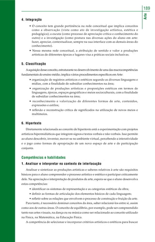 189 
Arte 
4. Integração 
• O conceito tem grande pertinência na rede conceitual que implica conceitos 
como a observação (vista como ato de investigação artística, estética e 
pedagógica); a escuta (como processo de apreciação crítica e conhecimento do 
outro) e a investigação (como postura nas diversas ações do aluno em arte: 
fazer, apreciar, contextualizar, sempre na sua interface com as demais áreas do 
conhecimento). 
• Nessa mesma rede conceitual, a atribuição de sentido e valor a produções 
artísticas de diferentes épocas e lugares visa a práticas sociais inclusivas. 
5. Classificação 
A aquisição desse conceito, estruturante no desenvolvimento de uma das macrocompetências 
fundamentais do ensino médio, implica vários procedimentos específicos em Arte: 
• organização de registros artísticos e estéticos segundo as diversas linguagens e 
mídias, com a finalidade de subsidiar conhecimentos na área; 
• organização de produções artísticas e proposições estéticas em termos de 
linguagens, épocas, espaços geográficos e meios socioculturais, com a finalidade 
de subsidiar conhecimentos na área; 
• reconhecimento e valorização de diferentes formas de arte, conteúdos, 
expressões e estilos; 
• reflexão e reconstrução crítica de significados na utilização de novos meios e 
multimeios. 
6. Hipertexto 
Diretamente relacionada ao conceito de hipertexto está a experimentação com projetos 
artísticos hipermidiáticos que integrem signos e textos verbais e não-verbais. Isso permite 
ao aluno descobrir, inventar, mover-se no ambiente virtual, percebendo a interatividade 
e o jogo como formas de apropriação de um novo espaço de arte e de participação 
conjunta. 
Competências e habilidades 
1. Analisar e interpretar no contexto de interlocução 
Analisar e sintetizar as produções artísticas e saberes relativos à arte são requisitos 
básicos para o aluno compreender o processo artístico e estético e participar criticamente 
dele. Na apreciação e interpretação de produtos de arte, espera-se que o aluno desenvolva 
estas competências: 
• identificar os sistemas de representação e as categorias estéticas da obra; 
• definir as formas de articulação dos elementos básicos de cada linguagem; 
• refletir sobre as relações que envolvem o processo de construção e fruição da arte. 
Para tanto, é necessário dominar conceitos da área, saber relacioná-los entre si, assim 
como aos de outras áreas. O conceito de equilíbrio, por exemplo, pode ser compreendido 
tanto nas artes visuais, na dança ou na música como ser relacionado ao conceito utilizado 
na Física, na Matemática, na Educação Física. 
A competência de selecionar e incorporar critérios artísticos e estéticos para buscar 
 
