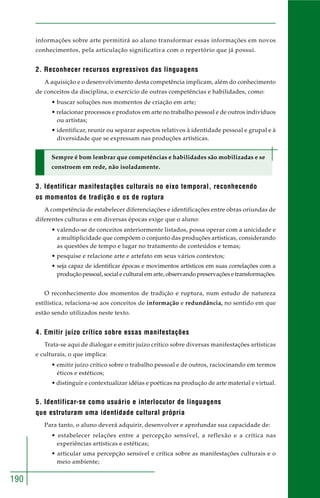 190 
informações sobre arte permitirá ao aluno transformar essas informações em novos 
conhecimentos, pela articulação significativa com o repertório que já possui. 
2. Reconhecer recursos expressivos das linguagens 
A aquisição e o desenvolvimento desta competência implicam, além do conhecimento 
de conceitos da disciplina, o exercício de outras competências e habilidades, como: 
• buscar soluções nos momentos de criação em arte; 
• relacionar processos e produtos em arte no trabalho pessoal e de outros indivíduos 
ou artistas; 
• identificar, reunir ou separar aspectos relativos à identidade pessoal e grupal e à 
diversidade que se expressam nas produções artísticas. 
Sempre é bom lembrar que competências e habilidades são mobilizadas e se 
constroem em rede, não isoladamente. 
3. Identificar manifestações culturais no eixo temporal, reconhecendo 
os momentos de tradição e os de ruptura 
A competência de estabelecer diferenciações e identificações entre obras oriundas de 
diferentes culturas e em diversas épocas exige que o aluno: 
• valendo-se de conceitos anteriormente listados, possa operar com a unicidade e 
a multiplicidade que compõem o conjunto das produções artísticas, considerando 
as questões de tempo e lugar no tratamento de conteúdos e temas; 
• pesquise e relacione arte e artefato em seus vários contextos; 
• seja capaz de identificar épocas e movimentos artísticos em suas correlações com a 
produção pessoal, social e cultural em arte, observando preservações e transformações. 
O reconhecimento dos momentos de tradição e ruptura, num estudo de natureza 
estilística, relaciona-se aos conceitos de informação e redundância, no sentido em que 
estão sendo utilizados neste texto. 
4. Emitir juízo crítico sobre essas manifestações 
Trata-se aqui de dialogar e emitir juízo crítico sobre diversas manifestações artísticas 
e culturais, o que implica: 
• emitir juízo crítico sobre o trabalho pessoal e de outros, raciocinando em termos 
éticos e estéticos; 
• distinguir e contextualizar idéias e poéticas na produção de arte material e virtual. 
5. Identificar-se como usuário e interlocutor de linguagens 
que estruturam uma identidade cultural própria 
Para tanto, o aluno deverá adquirir, desenvolver e aprofundar sua capacidade de: 
• estabelecer relações entre a percepção sensível, a reflexão e a crítica nas 
experiências artísticas e estéticas; 
• articular uma percepção sensível e crítica sobre as manifestações culturais e o 
meio ambiente; 
 