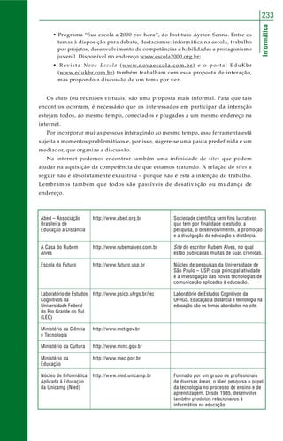 233 
Informática 
• Programa “Sua escola a 2000 por hora”, do Instituto Ayrton Senna. Entre os 
temas à disposição para debate, destacamos: informática na escola, trabalho 
por projetos, desenvolvimento de competências e habilidades e protagonismo 
juvenil. Disponível no endereço www.escola2000.org.br; 
• Revista Nova Escola (www.novaescola.com.br) e o portal EduKbr 
(www.edukbr.com.br) também trabalham com essa proposta de interação, 
mas propondo a discussão de um tema por vez. 
Os chats (ou reuniões virtuais) são uma proposta mais informal. Para que tais 
encontros ocorram, é necessário que os interessados em participar da interação 
estejam todos, ao mesmo tempo, conectados e plugados a um mesmo endereço na 
internet. 
Por incorporar muitas pessoas interagindo ao mesmo tempo, essa ferramenta está 
sujeita a momentos problemáticos e, por isso, sugere-se uma pauta predefinida e um 
mediador, que organize a discussão. 
Na internet podemos encontrar também uma infinidade de sites que podem 
ajudar na aquisição da competência de que estamos tratando. A relação de sites a 
seguir não é absolutamente exaustiva – porque não é esta a intenção do trabalho. 
Lembramos também que todos são passíveis de desativação ou mudança de 
endereço. 
Abed – Associação 
Brasileira de 
Educação a Distância 
A Casa do Rubem 
Alves 
Escola do Futuro 
Laboratório de Estudos 
Cognitivos da 
Universidade Federal 
do Rio Grande do Sul 
(LEC) 
Ministério da Ciência 
e Tecnologia 
Ministério da Cultura 
Ministério da 
Educação 
Núcleo de Informática 
Aplicada à Educação 
da Unicamp (Nied) 
http://www.abed.org.br 
http://www.rubemalves.com.br 
http://www.futuro.usp.br 
http://www.psico.ufrgs.br/lec 
http://www.mct.gov.br 
http://www.minc.gov.br 
http://www.mec.gov.br 
http://www.nied.unicamp.br 
Sociedade científica sem fins lucrativos 
que tem por finalidade o estudo, a 
pesquisa, o desenvolvimento, a promoção 
e a divulgação da educação a distância. 
Site do escritor Rubem Alves, no qual 
estão publicadas muitas de suas crônicas. 
Núcleo de pesquisas da Universidade de 
São Paulo – USP, cuja principal atividade 
é a investigação das novas tecnologias de 
comunicação aplicadas à educação. 
Laboratório de Estudos Cognitivos da 
UFRGS. Educação a distância e tecnologia na 
educação são os temas abordados no site. 
Formado por um grupo de profissionais 
de diversas áreas, o Nied pesquisa o papel 
da tecnologia no processo de ensino e de 
aprendizagem. Desde 1985, desenvolve 
também produtos relacionados à 
informática na educação. 
 