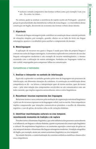 99 
Língua Estrangeira Moderna 
• realizar o estudo comparativo das formas verbais como, por exemplo: I eat, you 
eat... Eu como, tu comes... 
Na sintaxe, pode-se analisar a ocorrência do sujeito oculto em Português – possível 
graças às peculiaridades das desinências verbais de nossa língua – e a inexistência dessa 
construção em Inglês, decorrente da economia das formas verbais desse idioma. 
7. Hipertexto 
O estudo de língua estrangeira pode contribuir na construção desse conceito partindo 
de situações simples; por exemplo, quando, abaixo ou ao lado do texto em língua 
estrangeira, aparece o vocabulário para auxiliar a compreensão do mesmo. 
8. Metalinguagem 
A aplicação de recursos nos quais a língua é usada para falar da própria língua é 
comum nas aulas de língua estrangeira. A sinonímia explorada nos contextos de uso das 
línguas estrangeiras modernas é um exemplo de recurso metalingüístico, o mesmo 
ocorrendo com a utilização de outras estratégias, fundadas em linguagem verbal ou 
não-verbal, empregadas para compensar falhas na comunicação. 
Competências e habilidades 
1. Analisar e interpretar no contexto de interlocução 
Equivale a apreender os sentidos gerados pelos atos de linguagem nos processos de 
interlocução, em diferentes situações do cotidiano. A construção ou mobilização dessa 
competência se dá – na leitura e interpretação quer de textos escritos, quer de textos 
orais – pela inter-relação dos componentes envolvidos no ato comunicativo com um 
todo coerente, que implica aspectos socioculturais, intra e extra-lingüísticos. 
2. Reconhecer recursos expressivos das linguagens 
Relacionar textos e seus contextos pela mediação da organização estrutural lingüística 
e pelo uso de recursos expressivos da linguagem verbal, oral ou escrita. Esta competência 
implica compreender que intenções comunicativas presidem a escolha de diferentes 
registros, o uso de gírias, da norma culta ou de variações dialetais. 
3. Identificar manifestações culturais no eixo temporal, 
reconhecendo momentos de tradição e de ruptura 
Perceber tanto o dinamismo lingüístico, que sofre influência dos processos socioculturais 
e os influencia, em línguas e culturas distintas, quanto os processos de conservação lingüística 
e cultural. Os empréstimos lingüísticos e as constantes aquisição e renovação de gírias no 
eixo temporal atestam o dinamismo das línguas estrangeiras modernas. A tradição ortográfica 
do Inglês, por exemplo, atesta um conservacionismo lingüístico no eixo temporal. 
No estudo literário, a contextualização de correntes estilísticas mobiliza e desenvolve 
essa competência. 
 